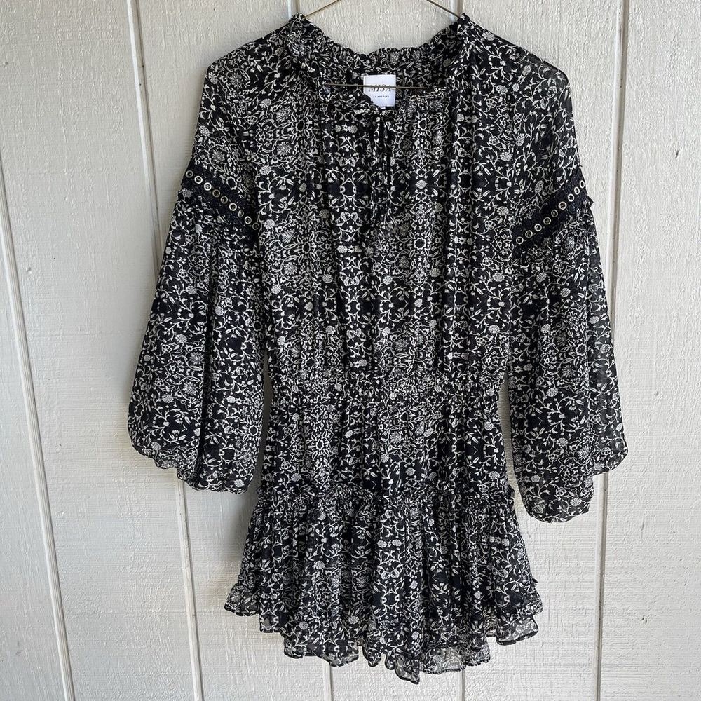 MISA Los Angeles Genette Chiffon Floral Mini Dress Long Sleeve in Black Size S